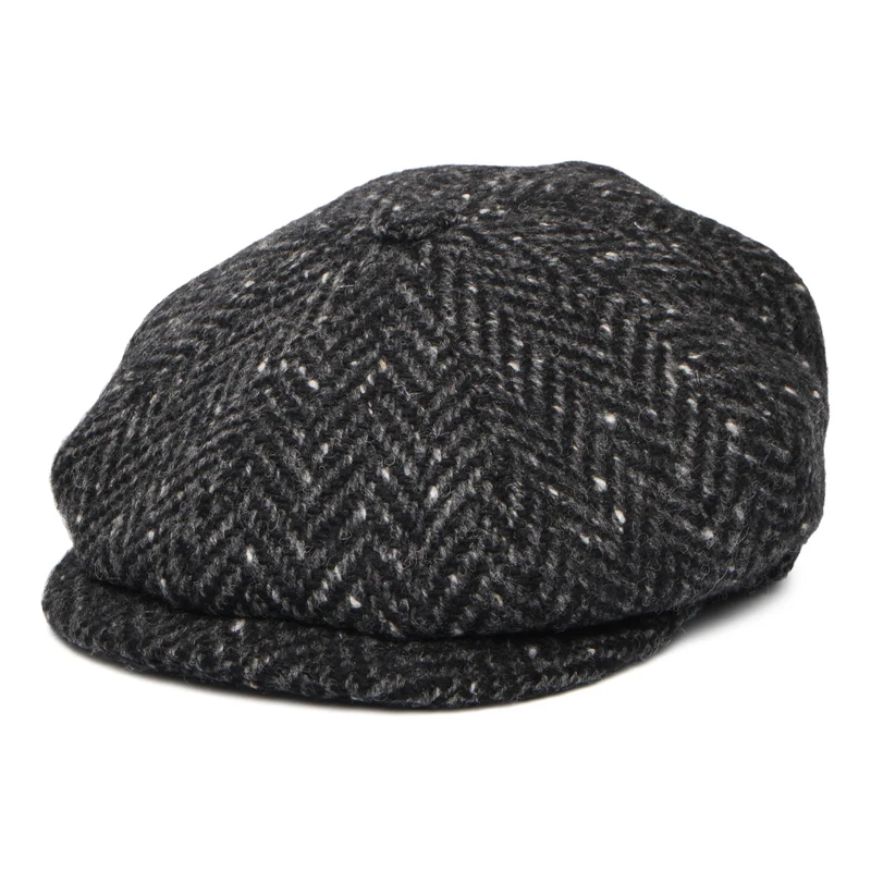 City Sport Deep Fit Donegal Tweed Ballonmütze mit Fischgrätmuster - Schwarz-Anthrazit