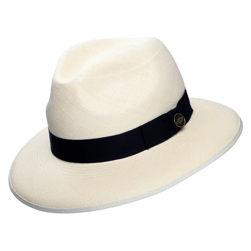 Christys Superfine mit heruntergeklappter Krempe Panama Fedora Hut und Marineblauem Hutband - Semi-Gebleicht