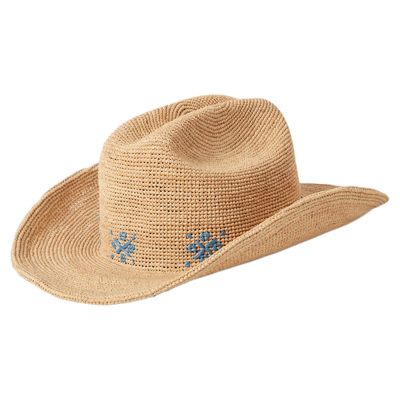 Brixton Odessa Gehäkelter Cowboy Hut aus Raffia Stroh - Hellbraun-Blau