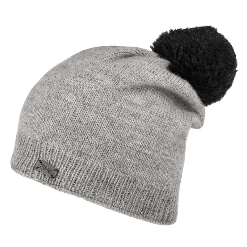Kusan Kontrast Bommel Slouch Bommelmütze - Grau