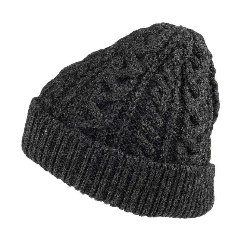 Highland 2000 Cuffed Beanie Mütze mit Zopfstrickmuster aus Englischer Wolle - Anthrazit