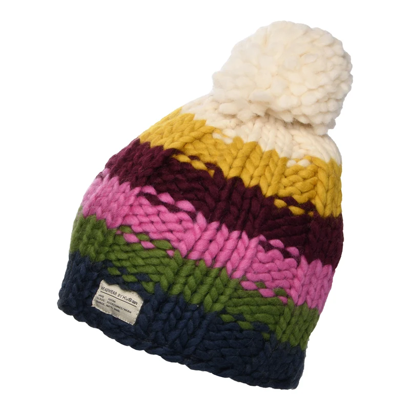 Kusan Regenbogen Garn Bommelmütze mit Perlmuster - Denim-Multi