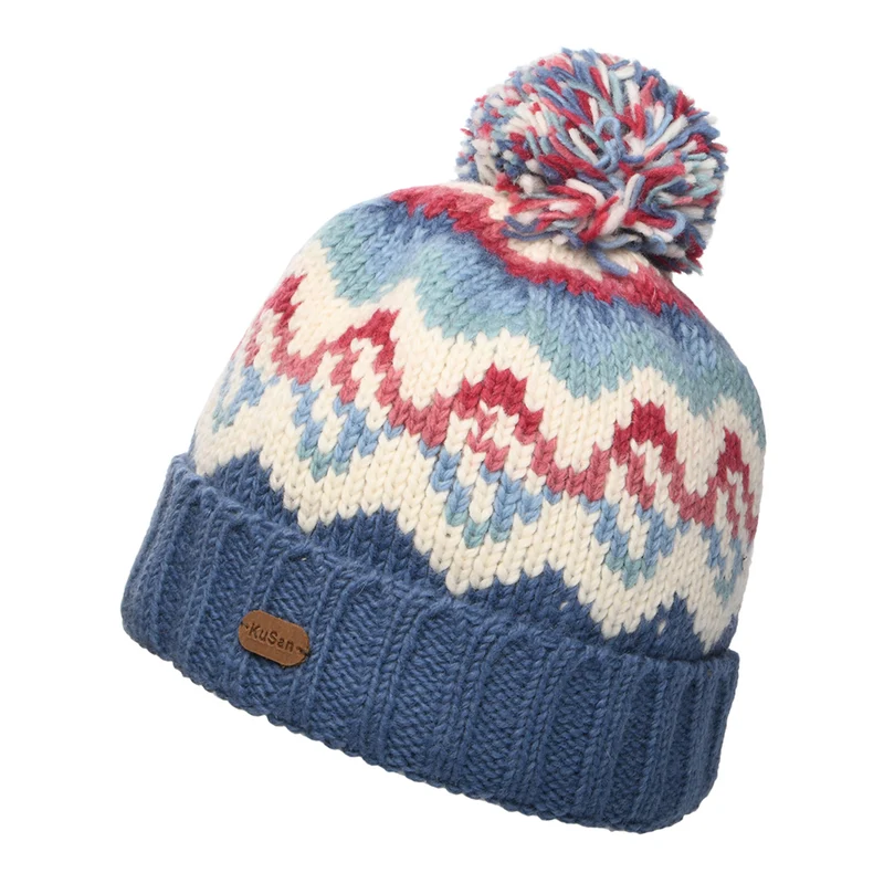 Kusan Turn Up Bommelmütze Gemustert - Denim Blau-Cremefarben