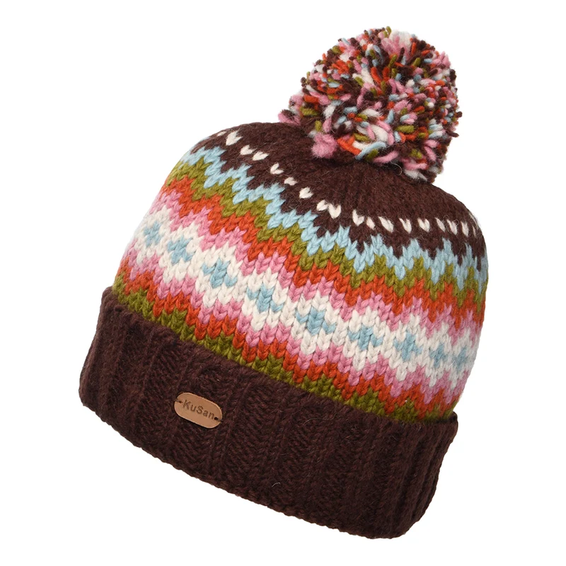 Kusan Turn Up Bommelmütze Fair Isle - Kastanienbraun