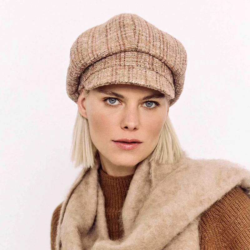 Seeberger Tweed Bakerboy Ballonmütze - Kamel-Rosa