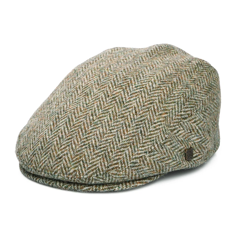 Failsworth Stornoway HARRIS TWEED Schiebermütze mit Fischgrätmuster - Khaki-Beige