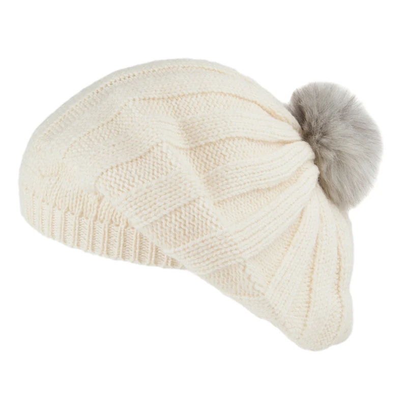 Highland 2000 Baskenmütze aus Wolle mit Bommel - Winterweiß