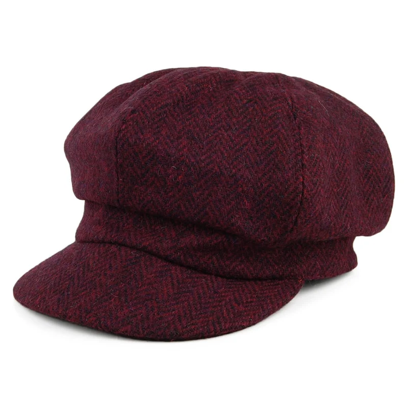 Failsworth Gabby HARRIS TWEED Bakerboy Ballonmütze mit Fischgrätmuster - Burgunderrot