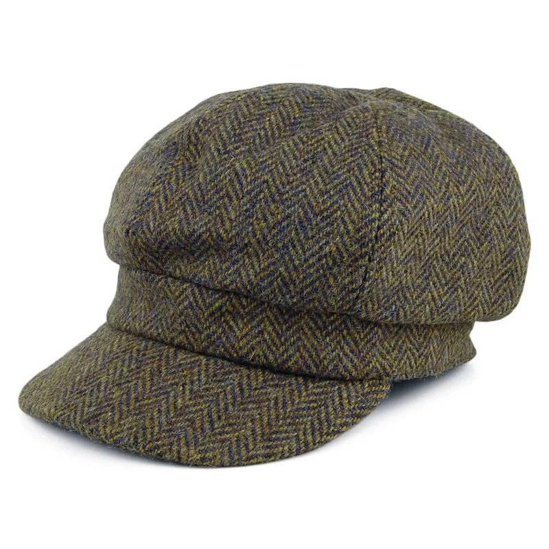 Failsworth Gabby HARRIS TWEED Bakerboy Ballonmütze mit Fischgrätmuster - Olivgrün-Multi