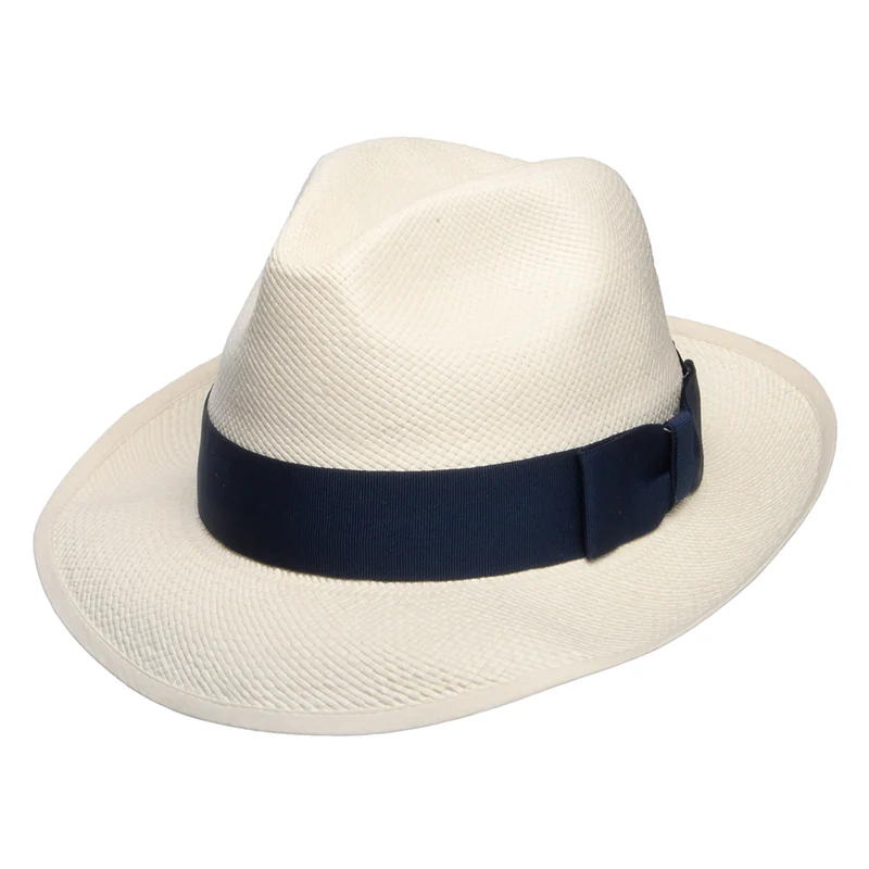 Denton Kensington Panama Fedora Hut und Marineblauem Hutband - Perlweiß