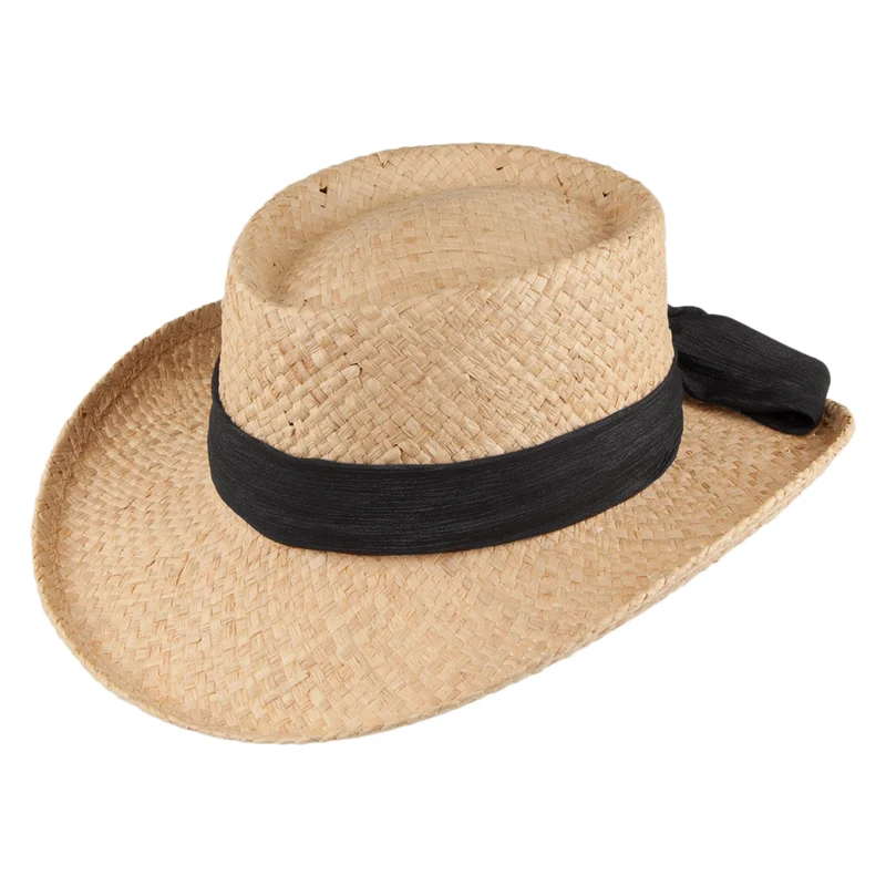 Scala Porquerolles Gambler Hut aus Raffia-Stroh mit Schleife - Natur mit Schwarz