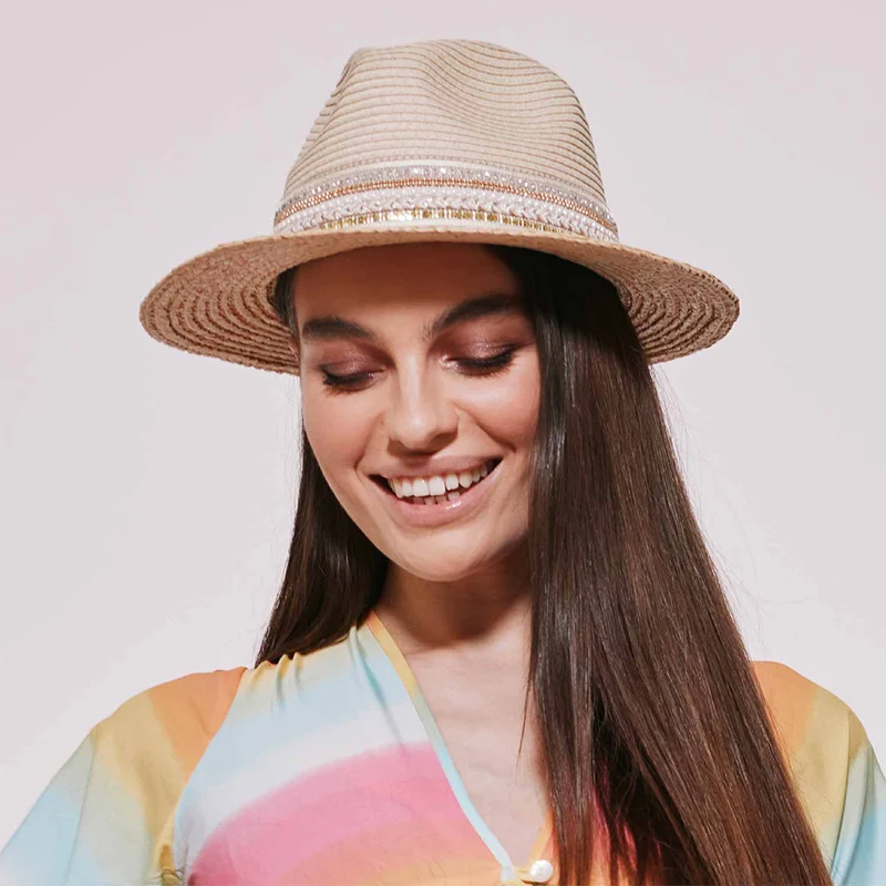 Seeberger Fedora Hut aus Toyo Stroh Mit Pailletten-Band - Natur-Hellbraun