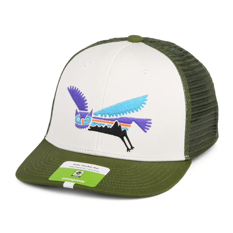 Patagonia Kinder Fitz Roy Owl Trucker Cap aus organischer Baumwolle - Weiß-Olivgrün
