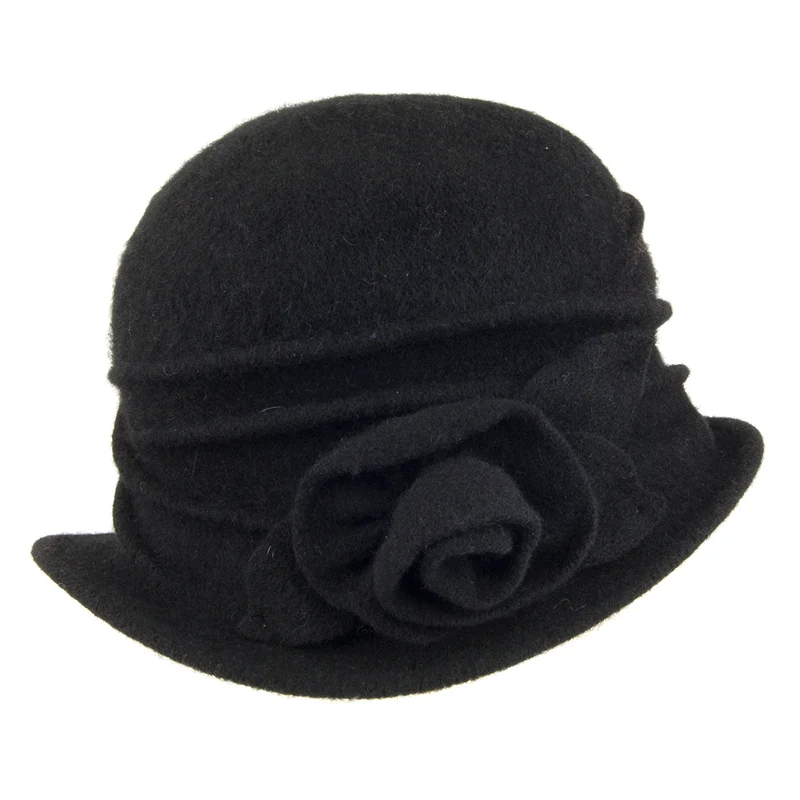 Scala Glockenhut aus Wolle mit Rose - Schwarz