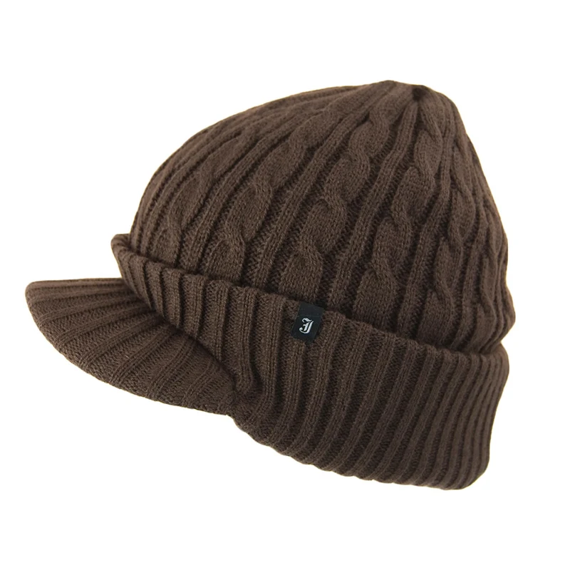 Jaxon & James Beanie Mütze mit Schirm in Zopfstrickmuster Kaffeebraun Großhandel