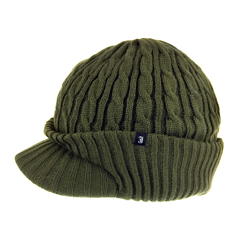 Jaxon & James Beanie Mütze mit Schirm in Zopfstrickmuster Olivgrün Großhandel