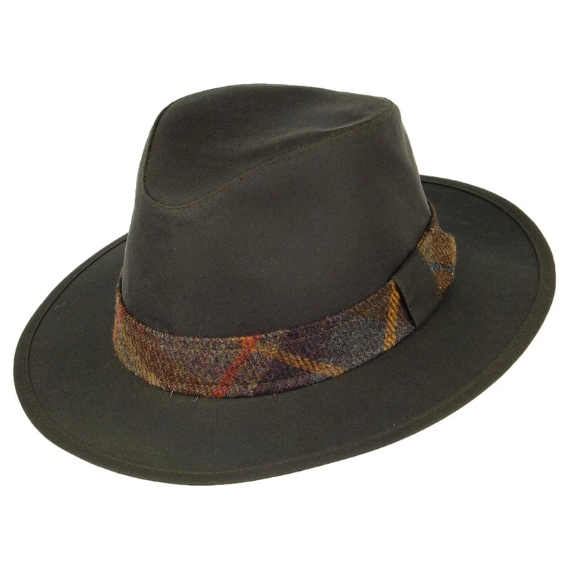 Failsworth Drifter Fedora Hut mit Karo-Zierstreifen aus gewachster Baumwolle - Olivgrün