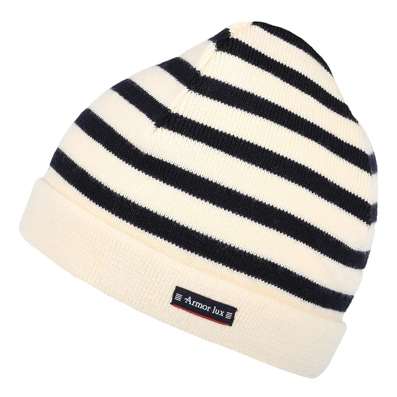 Armor Lux Lannion Beanie Mütze gestreift aus Purer Wolle - Natur