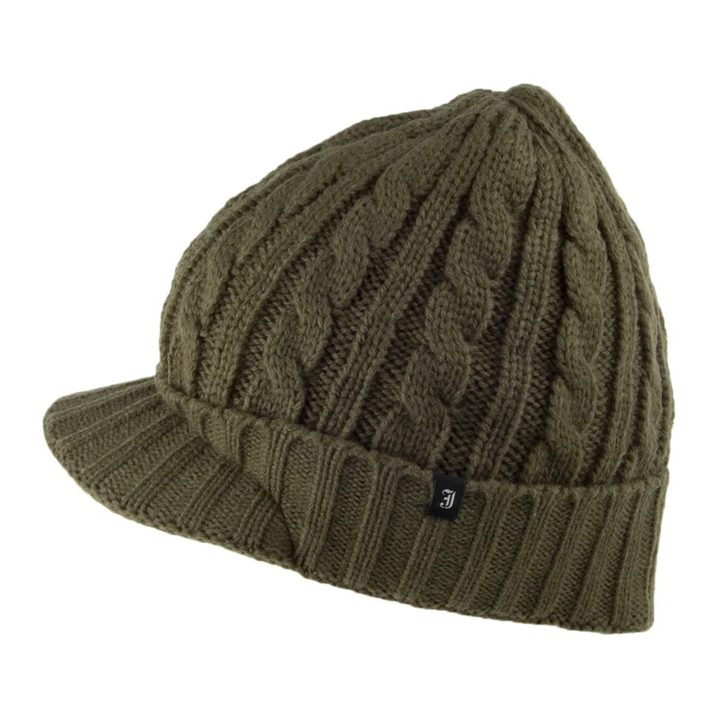 Jaxon & James Beanie Mütze mit Schirm in Zopfstrickmuster - Olivgrün