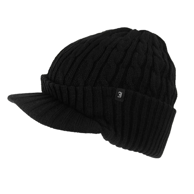 Jaxon & James Beanie Mütze mit Schirm mit Zopfstrickmuster - Schwarz