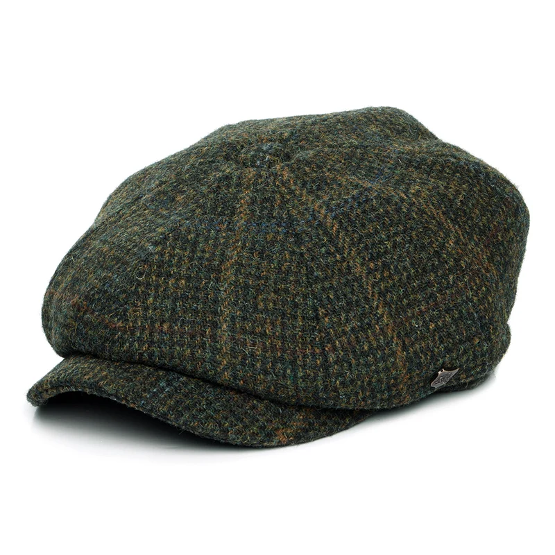 Failsworth Carloway HARRIS TWEED Ballonmütze mit Fensterscheibenmuster - Olivgrün-Multi