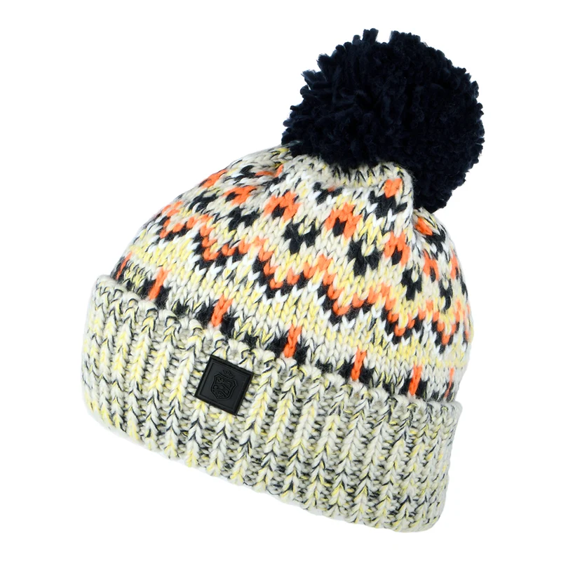 Failsworth Arctic Bommelmütze Fair Isle - Hellgrau-Marineblau-Orange