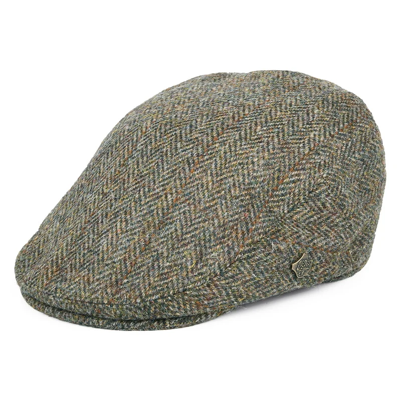Failsworth Stornoway HARRIS TWEED Schiebermütze Fensterscheiben-Fischgrätmuster - Olivgrün-Blau