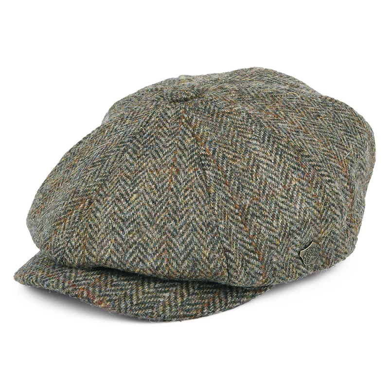 Failsworth Carloway HARRIS TWEED Ballonmütze mit Fischgrätmuster - Olivgrün-Blau