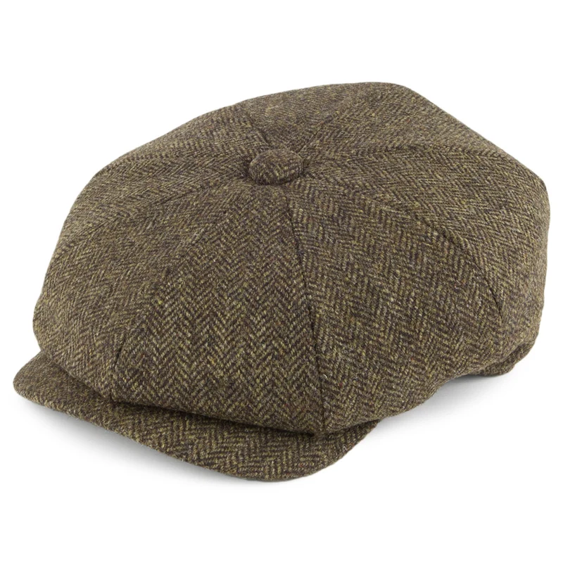 Christys Country Tweed Tweed Ballonmütze mit Fischgrätmuster - Olivgrün