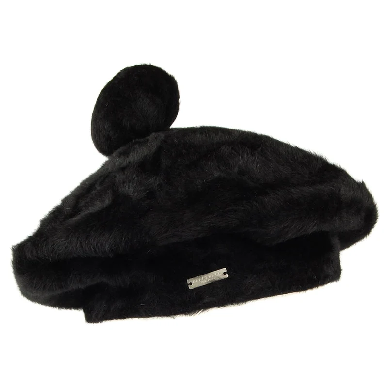 Seeberger Baskenmütze mit Bommel aus Fell - Schwarz
