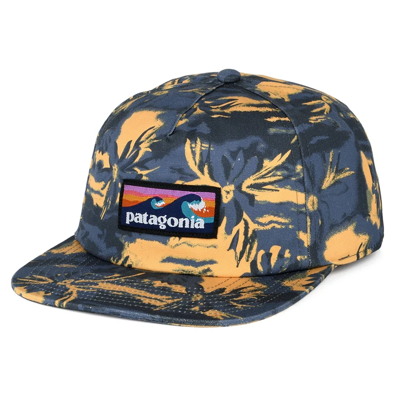 Patagonia Cliffs And Waves Boardshort Label Funfarer Baseball Cap aus organischer Baumwolle - Schieferblau-Senfgelb