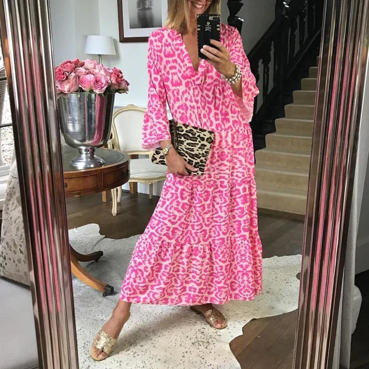Elegantes Maxikleid mit Pinkem Leopardenmuster - Herbstzauber ChicSafari