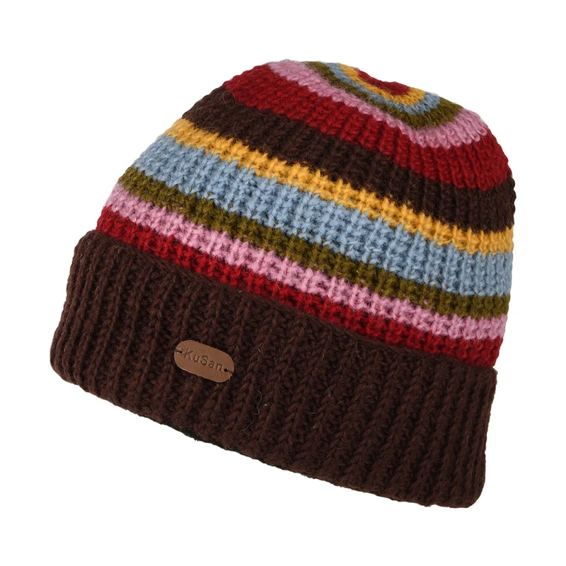 Kusan Cardi Rib Turn Up Beanie Mütze - Braun-Rot-Blau