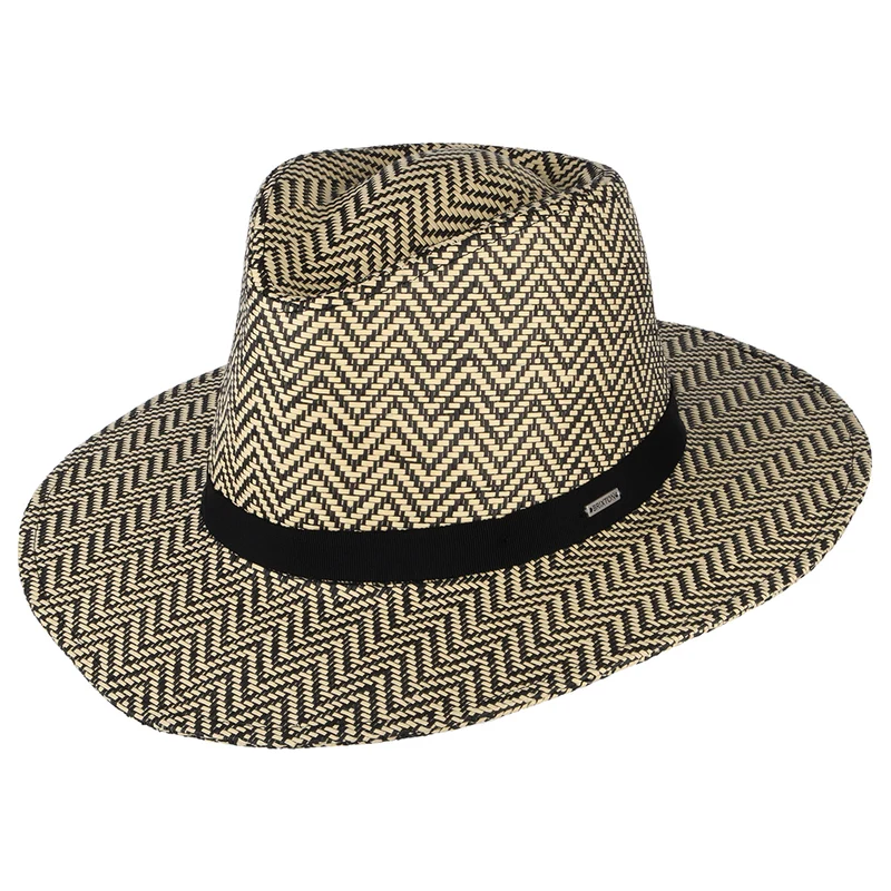Brixton Carolina Knautschbarer Fedora Hut mit Fischgrätmuster aus Toyo Stroh - Schwarz-Natur