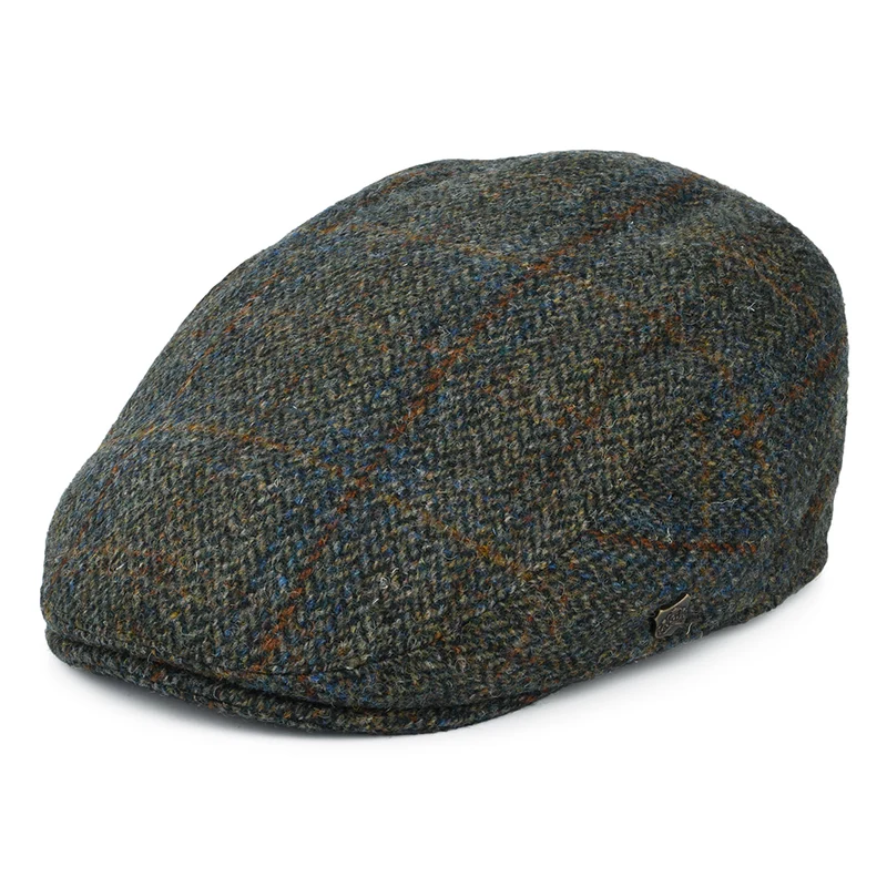 Failsworth Stornoway HARRIS TWEED Schiebermütze Fensterscheiben-Fischgrätmuster - Olivgrün-Blau-Rostrot