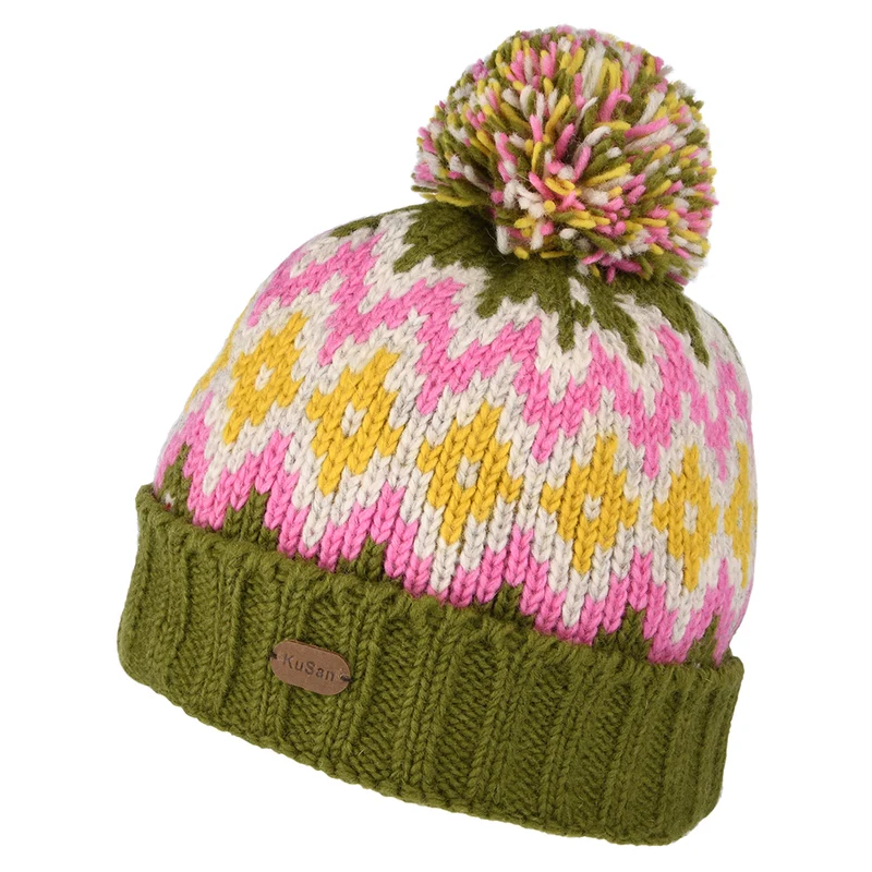 Kusan Turn Up Bommelmütze - Olivgrün-Rosa-Gelb