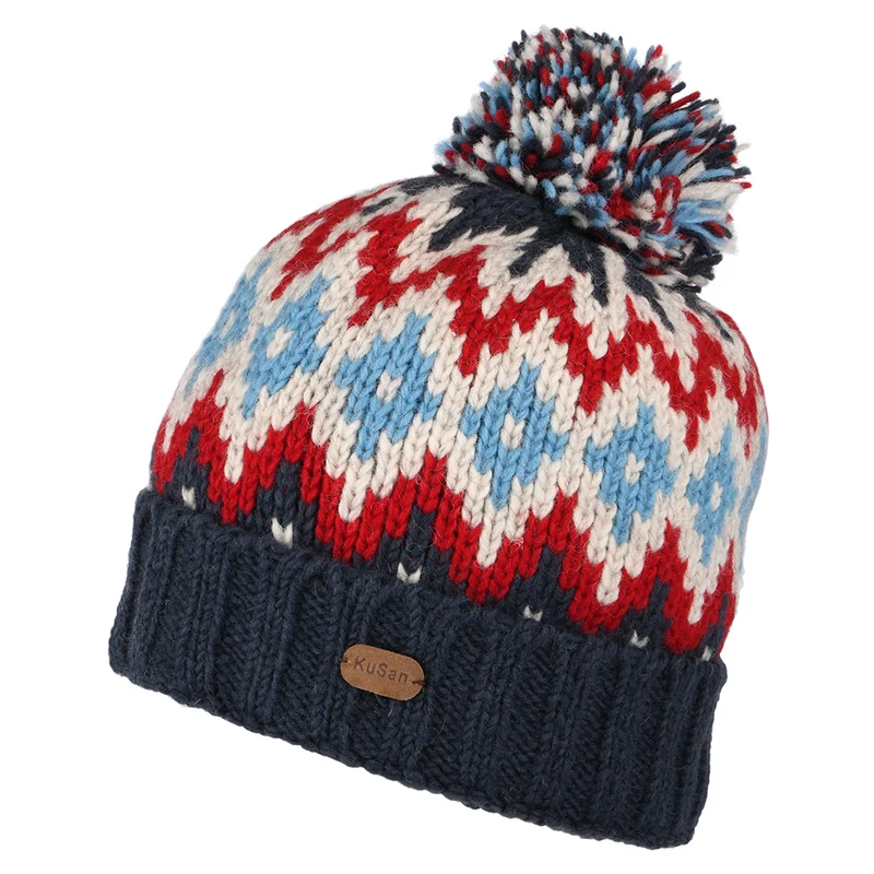 Kusan Turn Up Bommelmütze - Marineblau-Rot-Creme