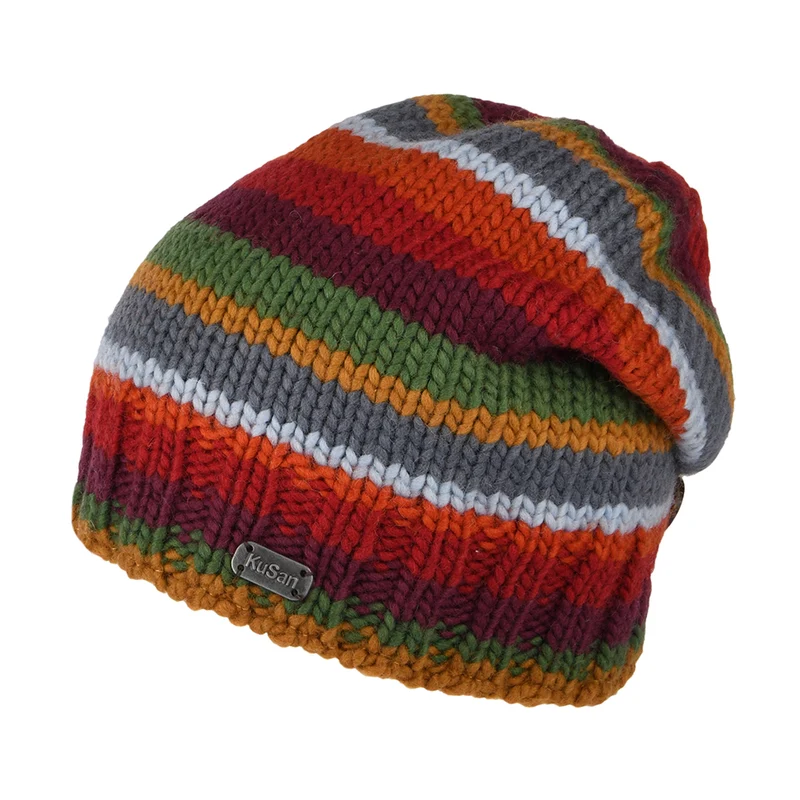 Kusan Button Down Beanie Mütze gestreift - Rot-Pflaume-Grau