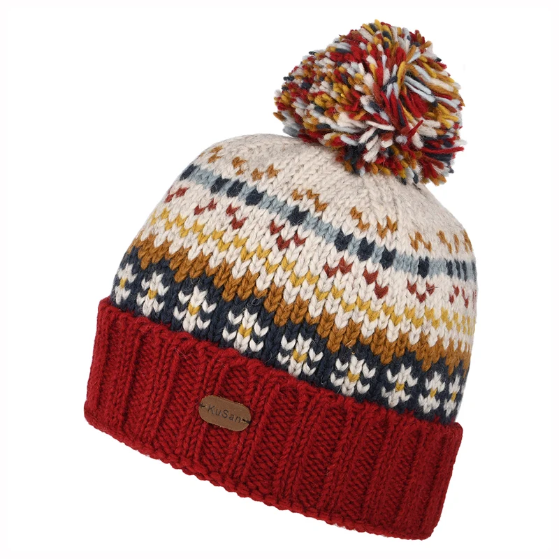 Kusan Mosaic Bommelmütze Fair Isle - Rot-Senfgelb-Creme