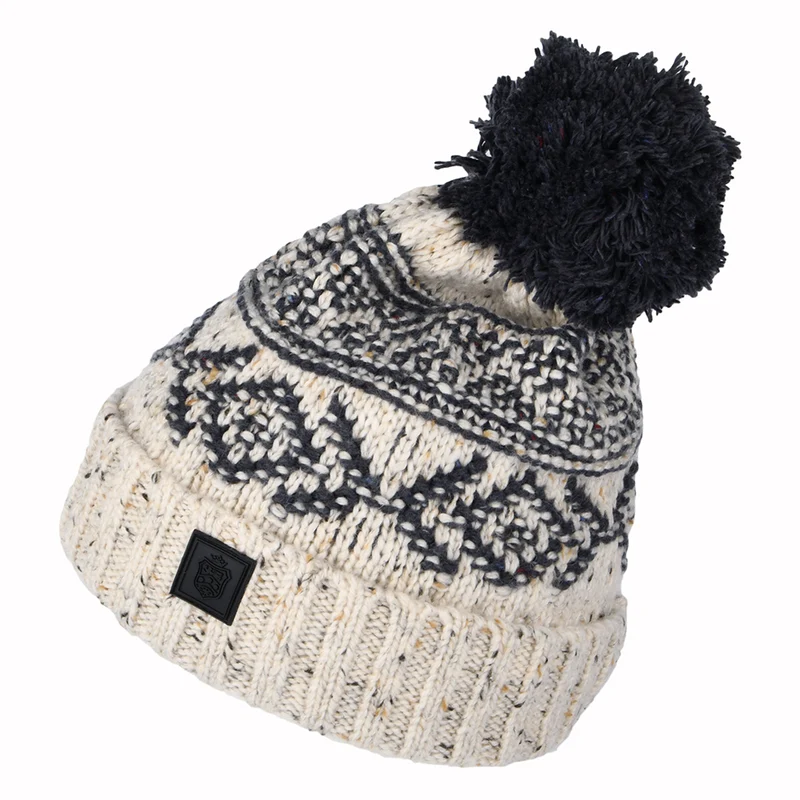Failsworth Bommelmütze Fair Isle - Hellbeige-Marineblau