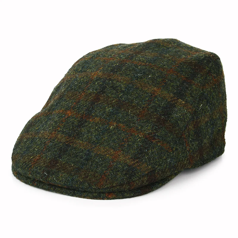 Failsworth Oban HARRIS TWEED Schiebermütze Kariert mit Ohrenklappen - Olivgrün-Rostrot