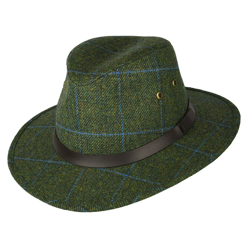Failsworth Huntsman Wasserabweisender Fedora Hut mit Fensterscheibenmuster - Olivgrün-Blau