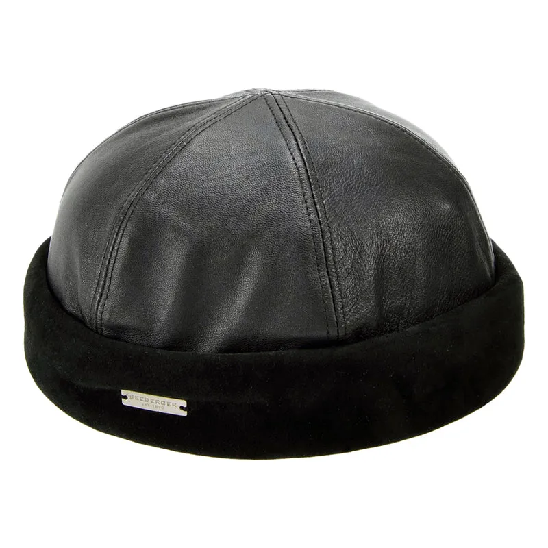 Seeberger Docker Beanie Mütze aus Leder - Schwarz