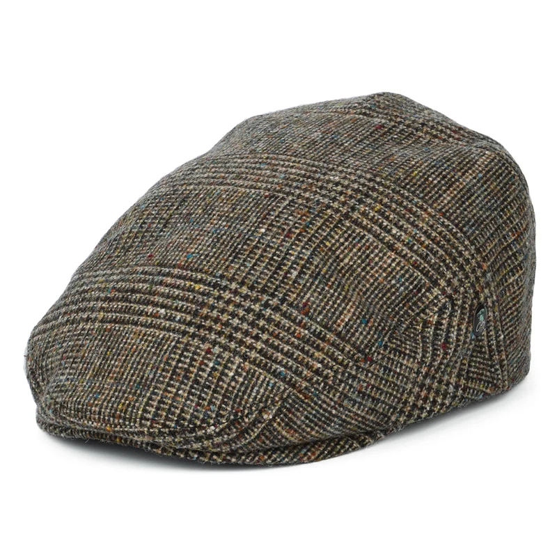 City Sport Donegal Tweed Schiebermütze mit Prince of Wales Karomuster - Olivgrün