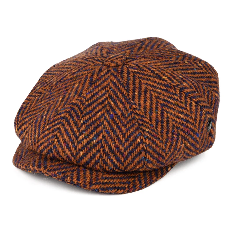 City Sport Deep Fit Donegal Tweed Ballonmütze mit Fischgrätmuster - Rostrot-Blau