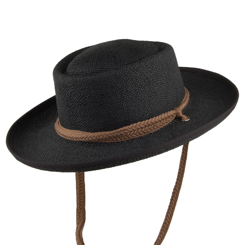 Scala Jesolo Gaucho Sonnenhut aus Toyo Stroh mit geflochtenem Kinnband aus Baumwolle - Schwarz
