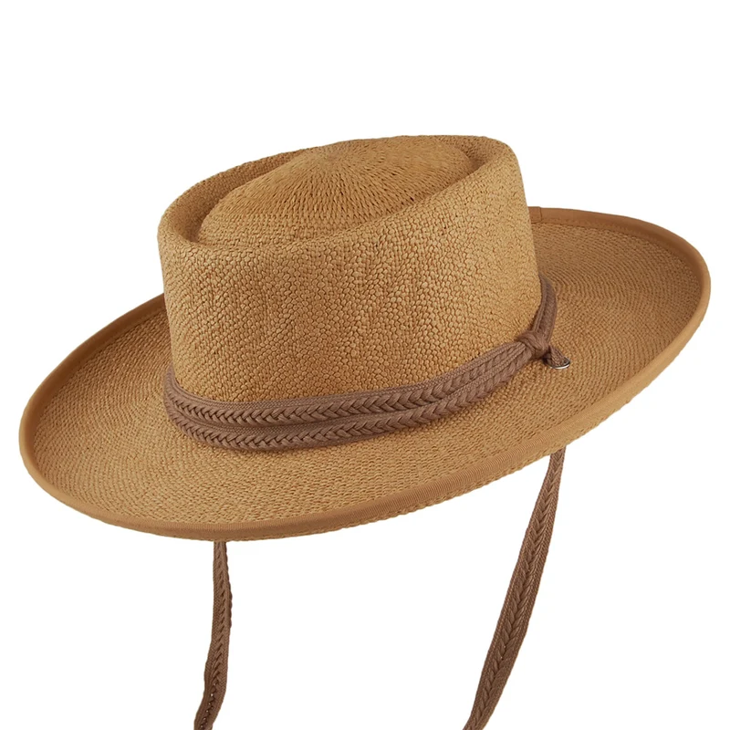Scala Jesolo Gaucho Sonnenhut aus Toyo Stroh mit geflochtenem Kinnband aus Baumwolle - Tee