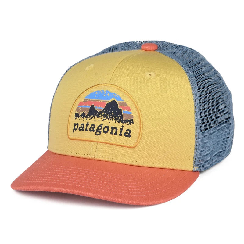 Patagonia Kinder Skyline Stencil Trucker Cap aus organischer Baumwolle - Senfgelb-Koralle-Blau
