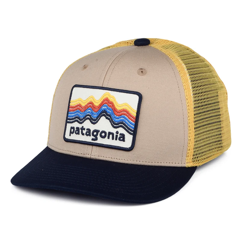 Patagonia Kinder Ridge Rise Stripe Trucker Cap aus organischer Baumwolle - Hellbraun- Marineblau-Gelb