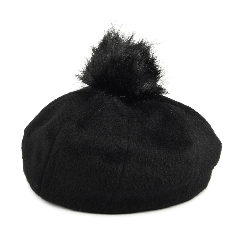 Brixton Natalie Oversized Kunstfell Bommel Baskenmütze - Schwarz